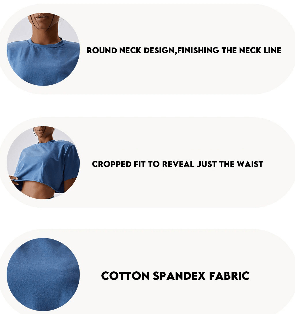 Blue sports crop top with round neck design, showcasing cropped fit and cotton spandex fabric, perfect for workouts.